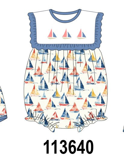 Blue Sailboat Embroidered Ruffle Bubble