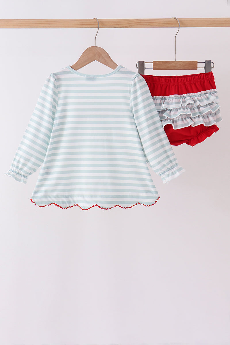 Gray stripe santa french knot ruffle bloomer set