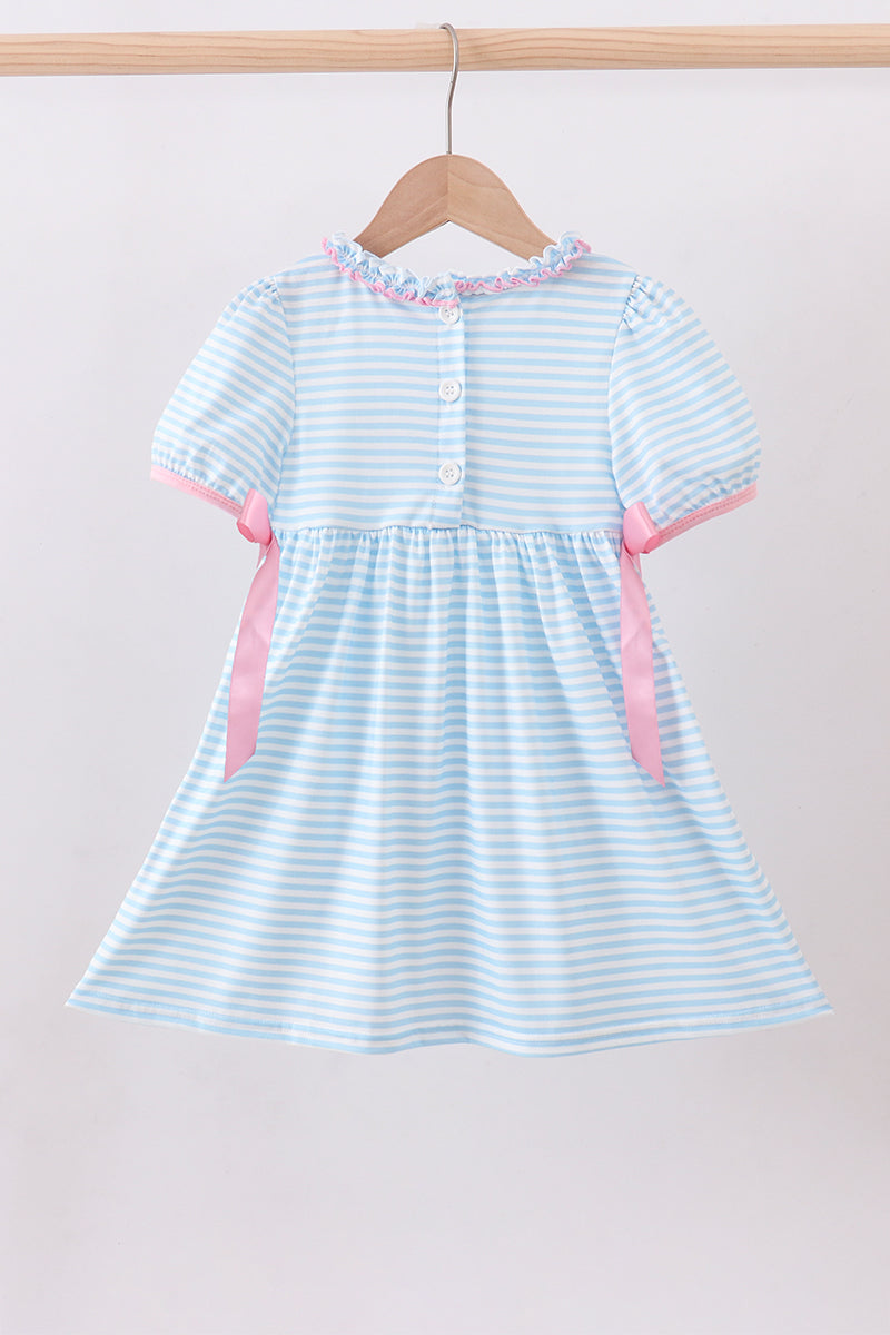 Blue cross embroidery ruffle stripe dress