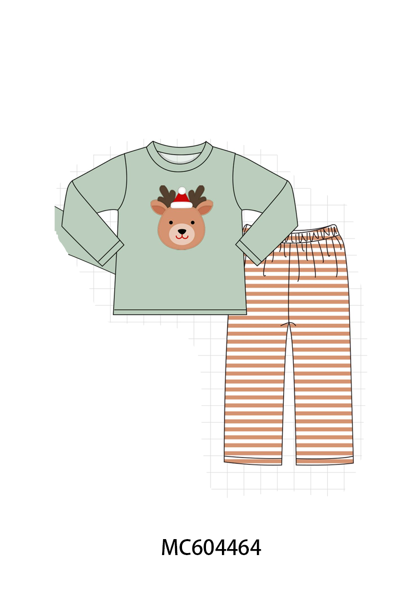 Sage Reindeer Applique Stripe Pants Set
