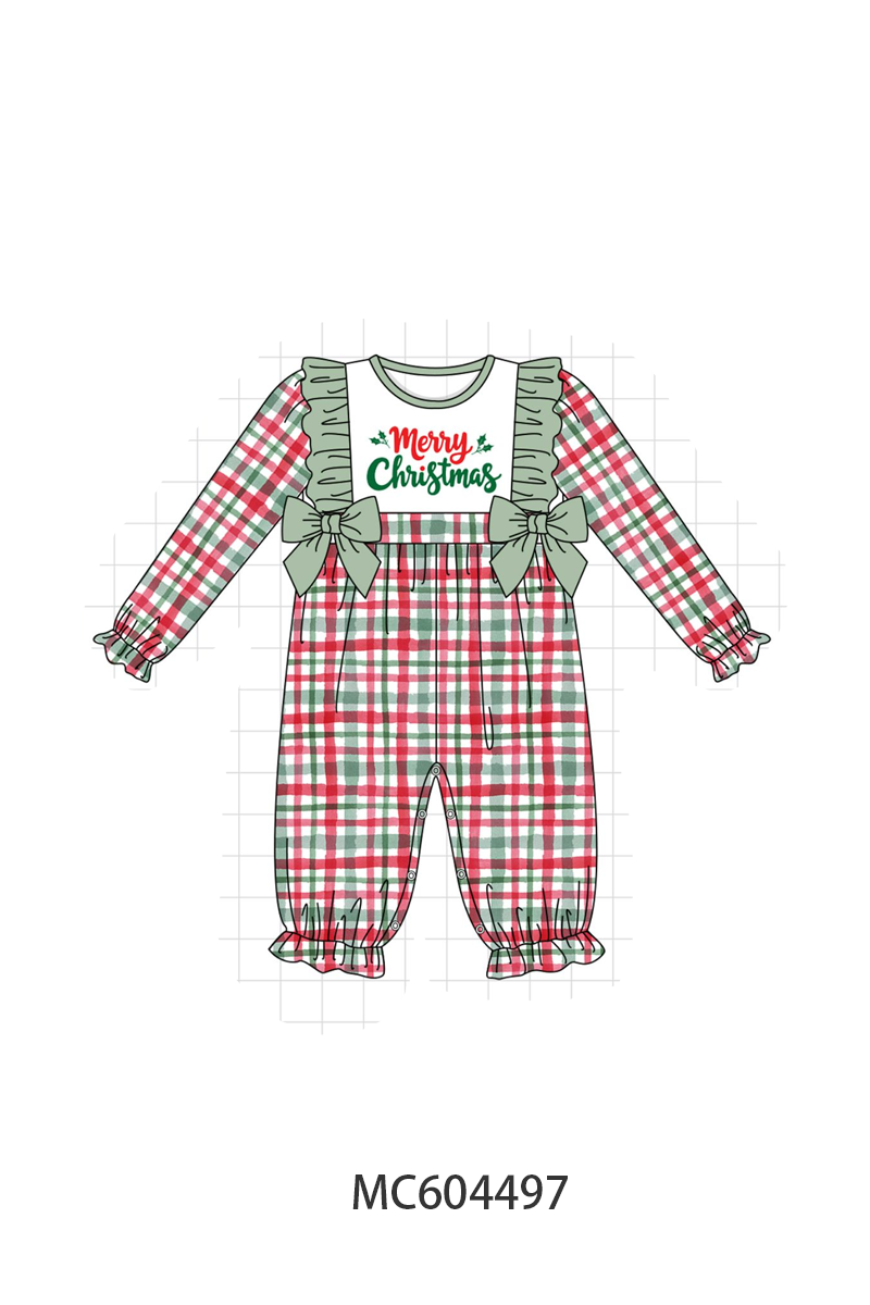 Green merry christmas embroidery plaid ruffle romper