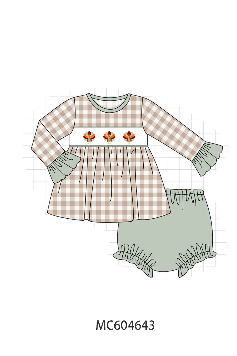 Brown turkey embroidery gingham bloomer set