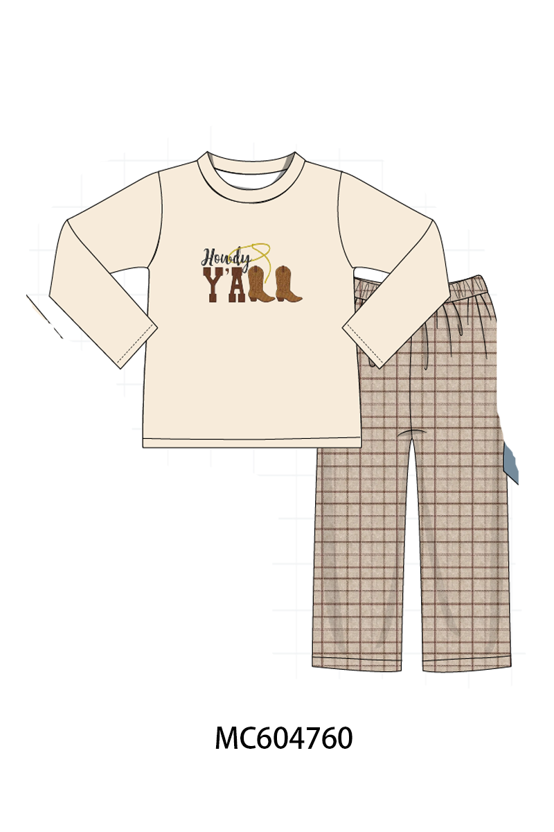 Brown Howdy Y'ALL boots embroidery plaid pants set