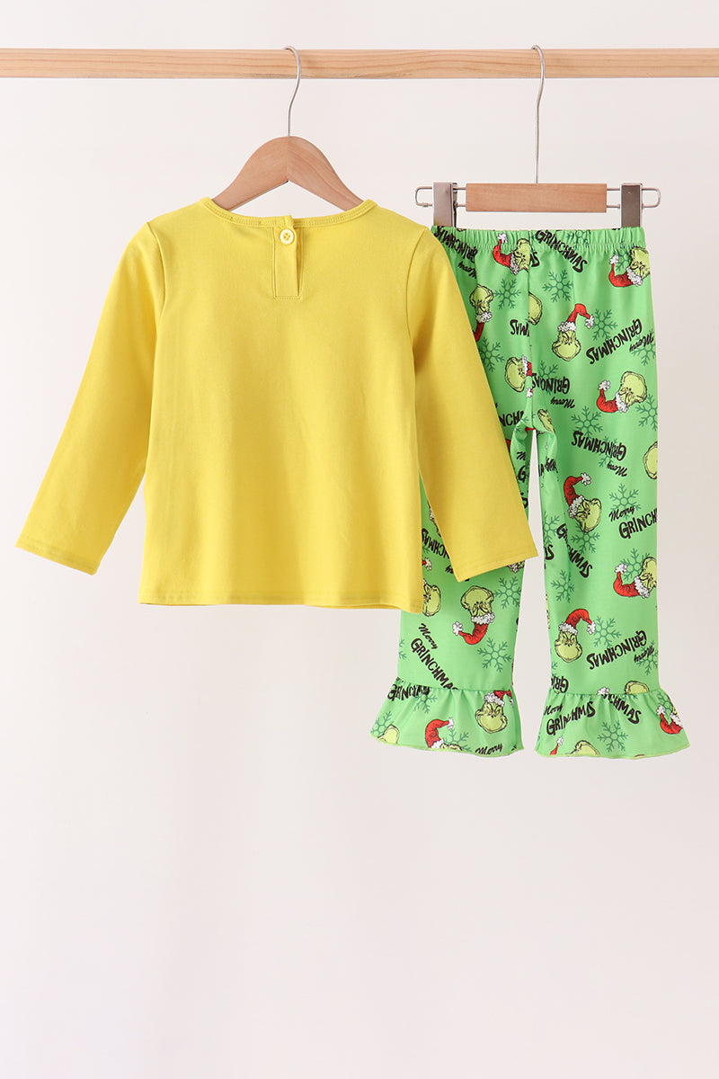 Green Grinch French Knot Ruffle Pants Set