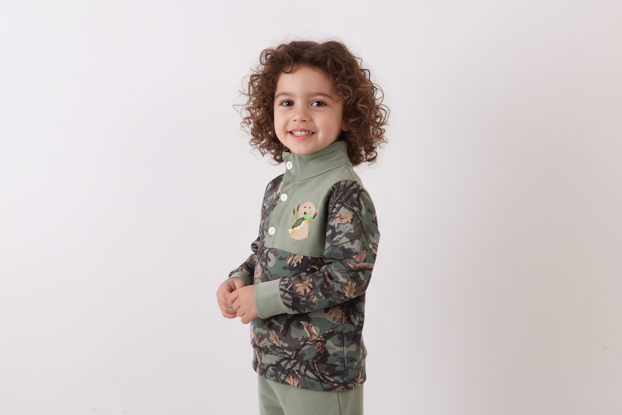 Camouflage dog hunting applique pullover