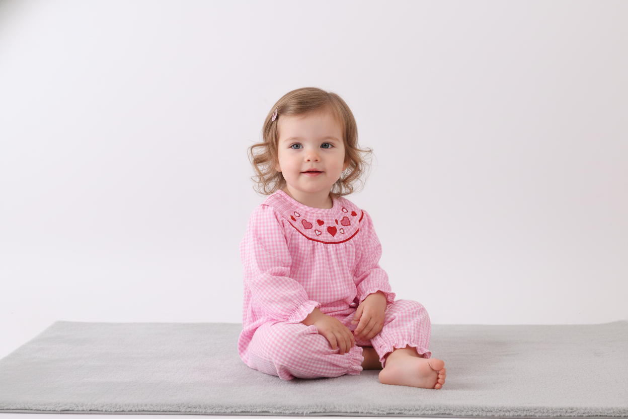 Pink heart smocked gingham romper