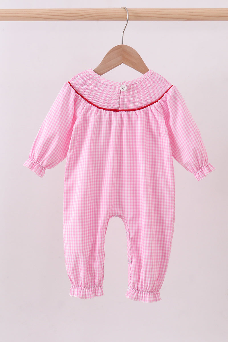 Pink heart smocked gingham romper