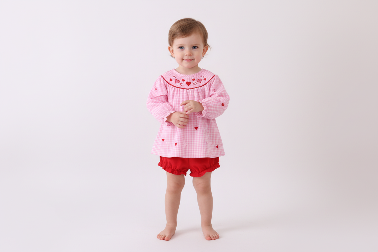 Pink heart smocked gingham bloomer set