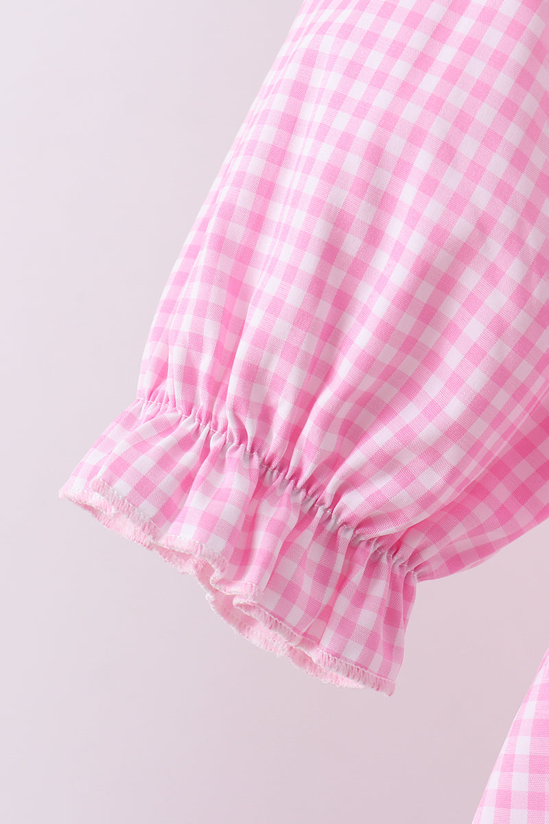 Pink heart smocked gingham ruffle pants set