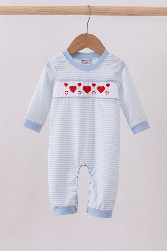 Blue heart smocked stripe romper