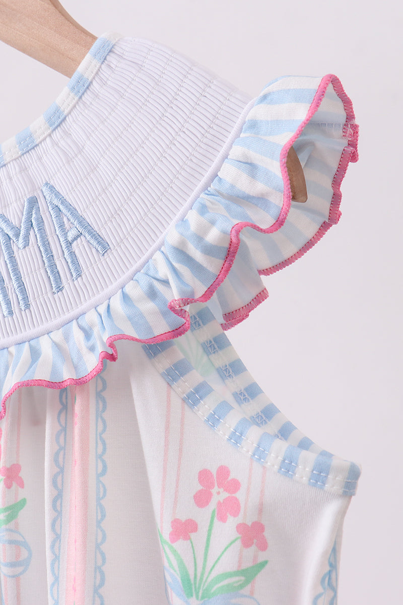 Blue floral I love MAMA smocked ruffle dress