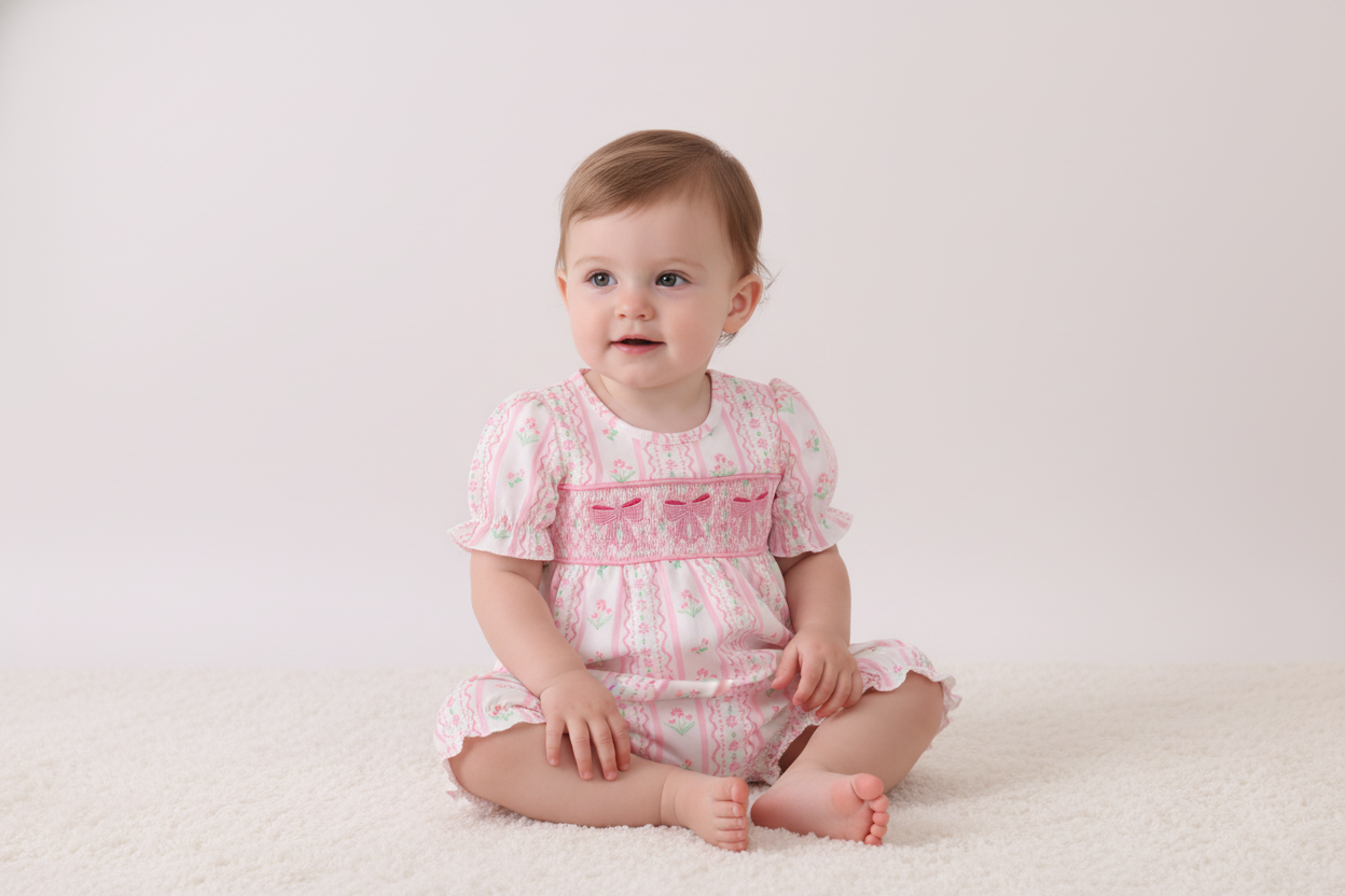 Pink floral bow smocked bubble