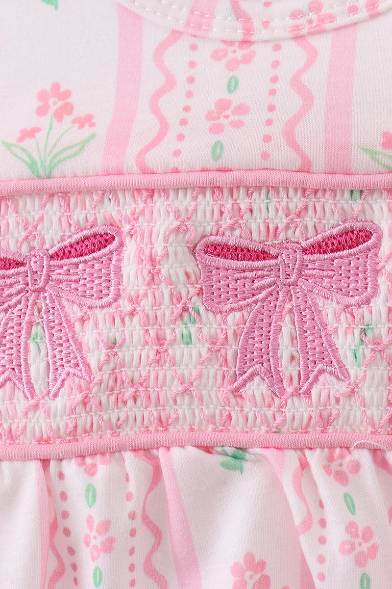 Pink floral bow smocked bubble