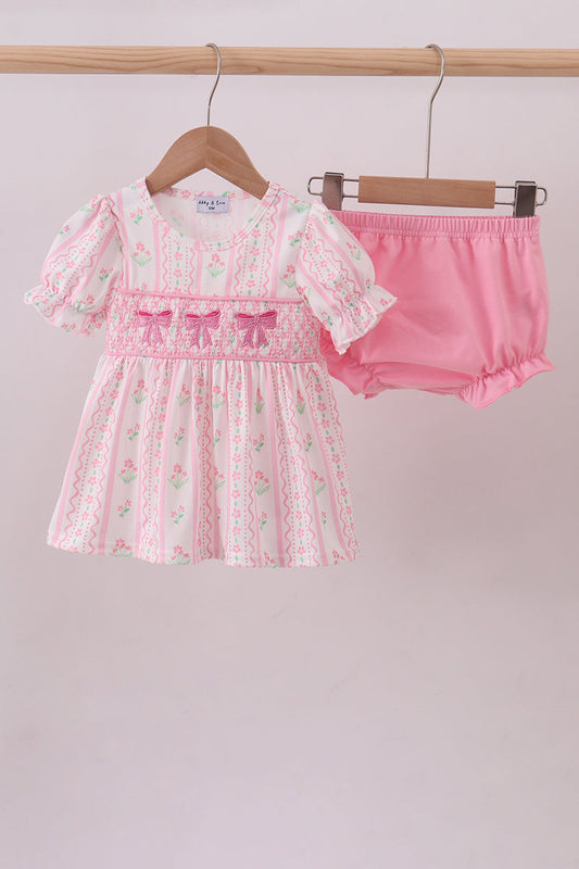 Pink floral bow smocked bloomer set