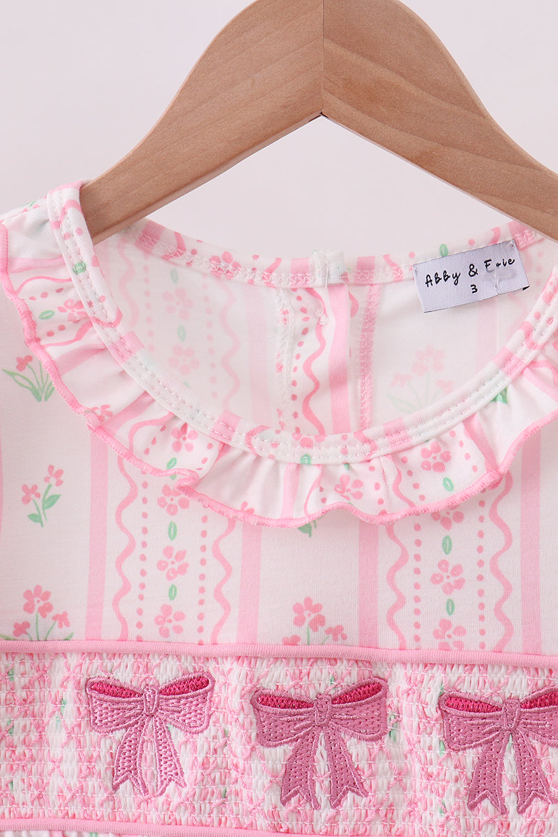 Pink floral bow smocked dress