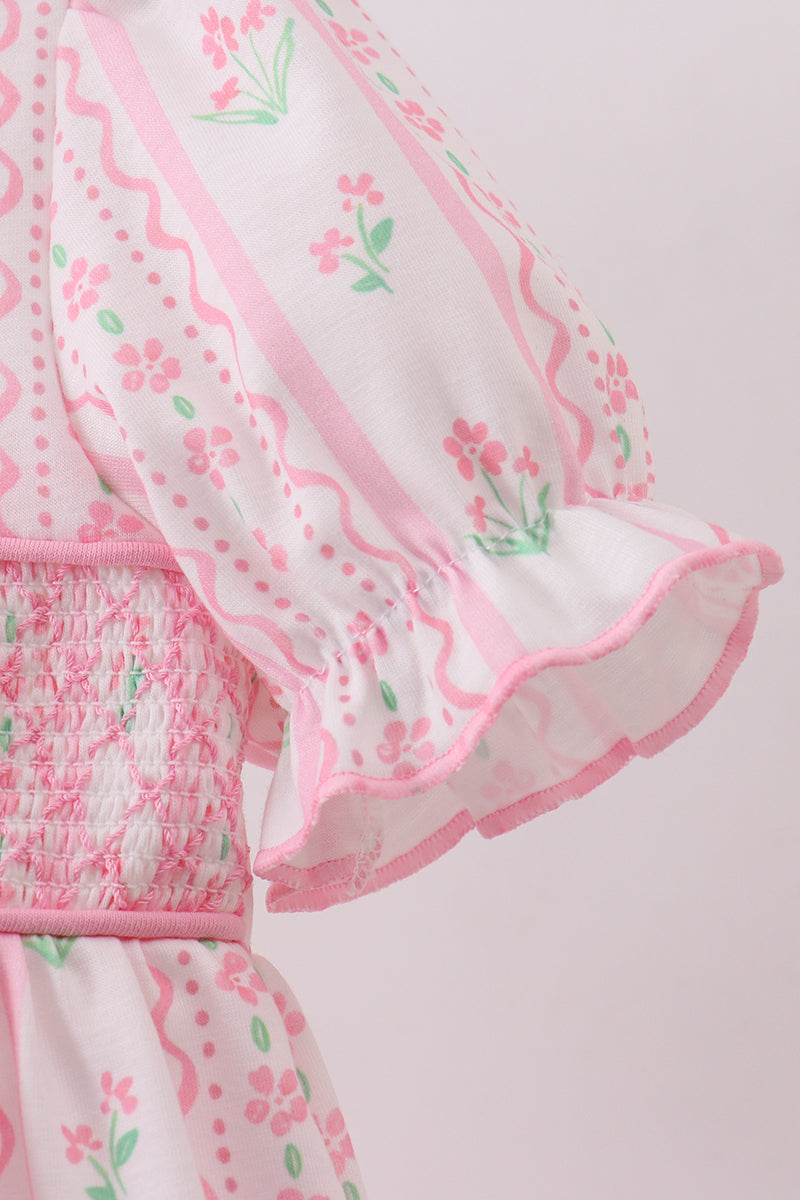 Pink floral bow smocked dress