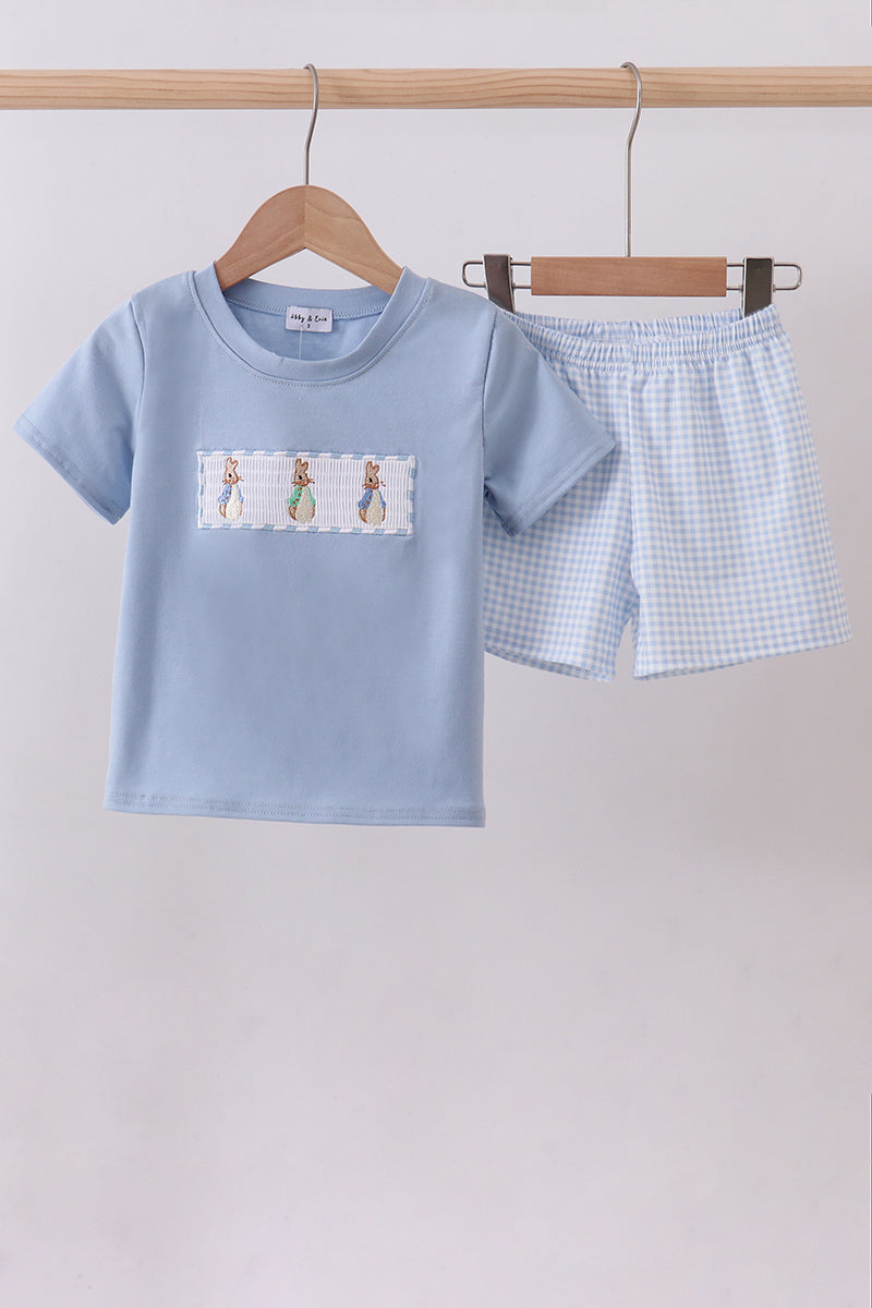 Blue bunny embroidery shorts set