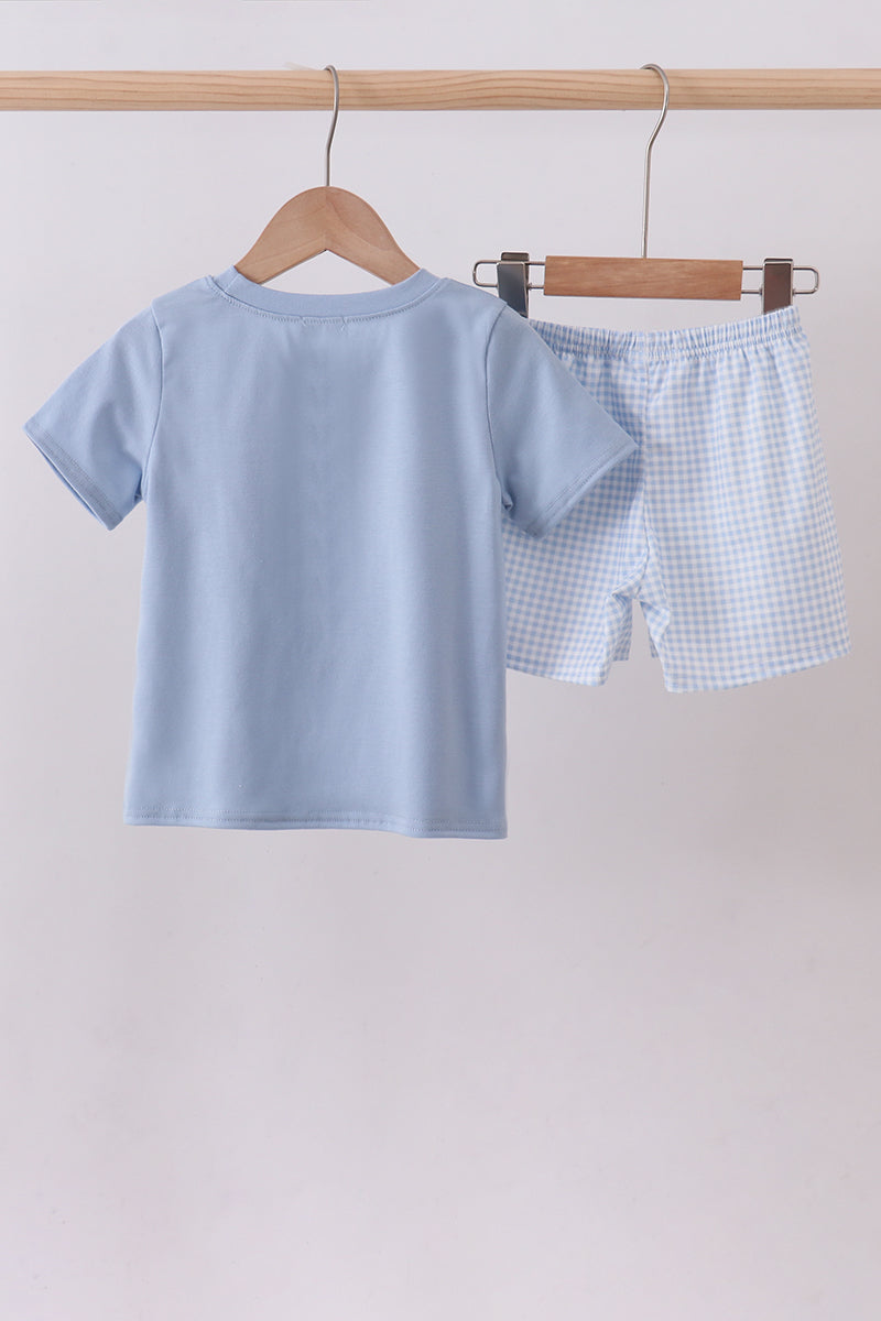 Blue bunny embroidery shorts set