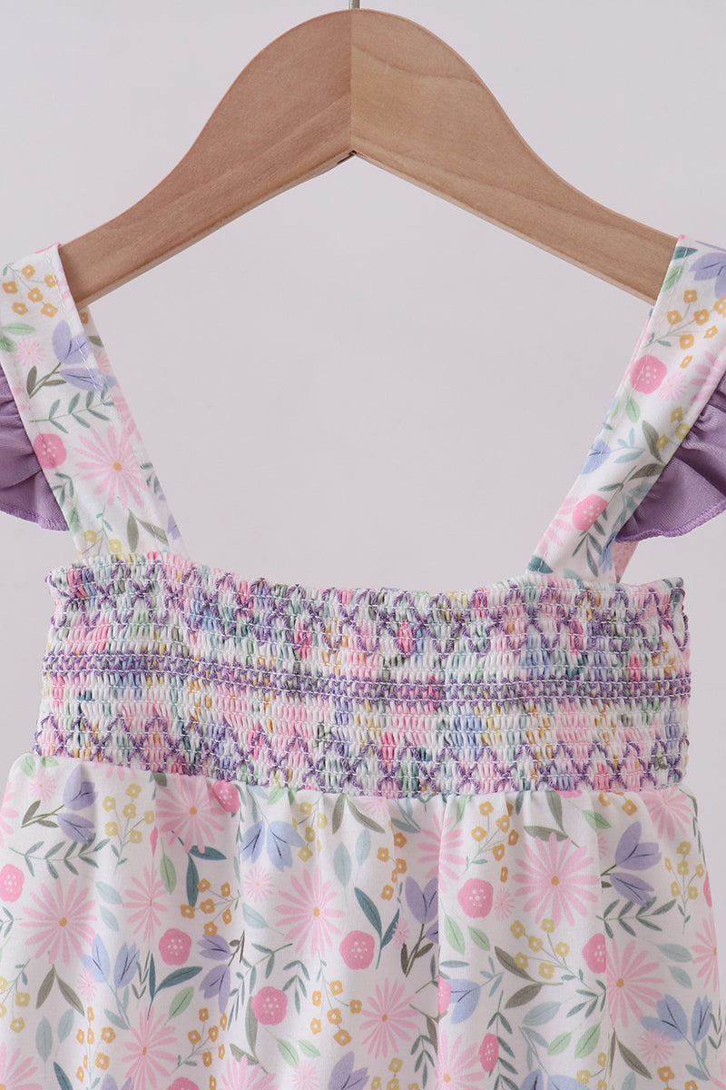 Purple floral smocked ruffle bubble