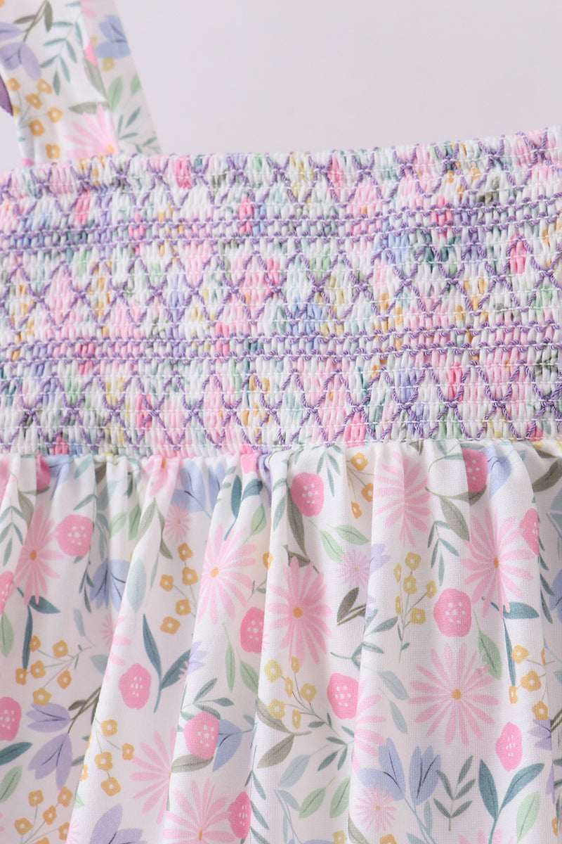 Purple floral smocked ruffle shorts set