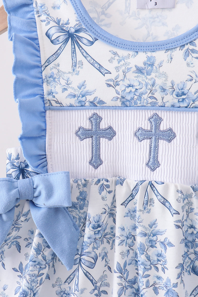 Blue floral cross smocked ruffle dress