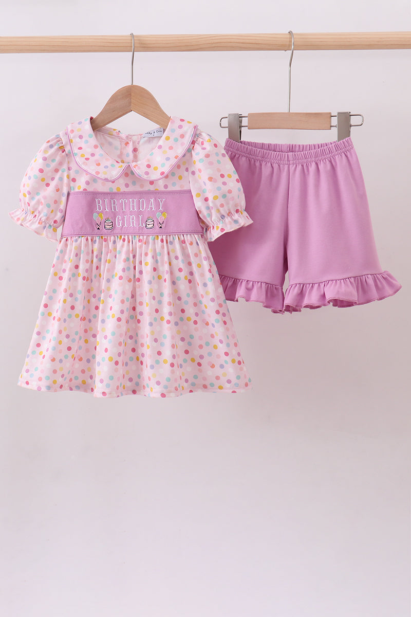 Purple birthday embroidery ruffle shorts set