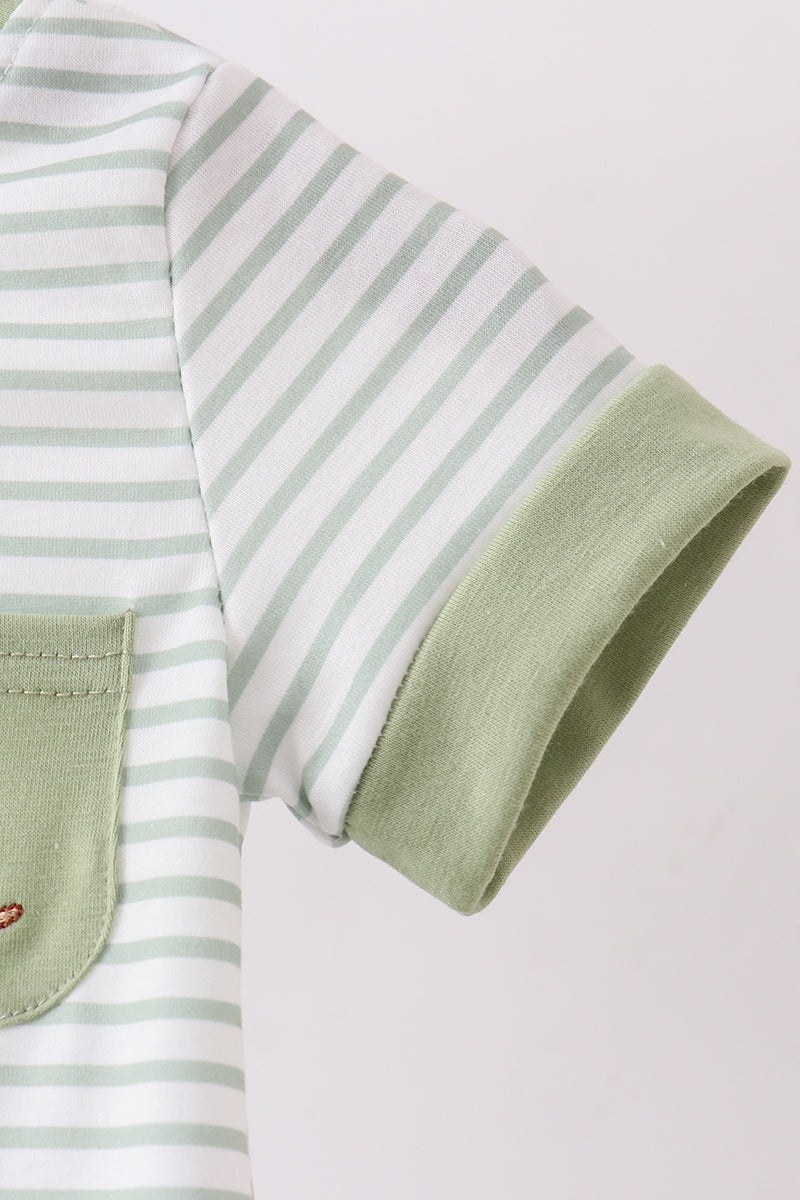 Sage stripe puppy embroidery romper