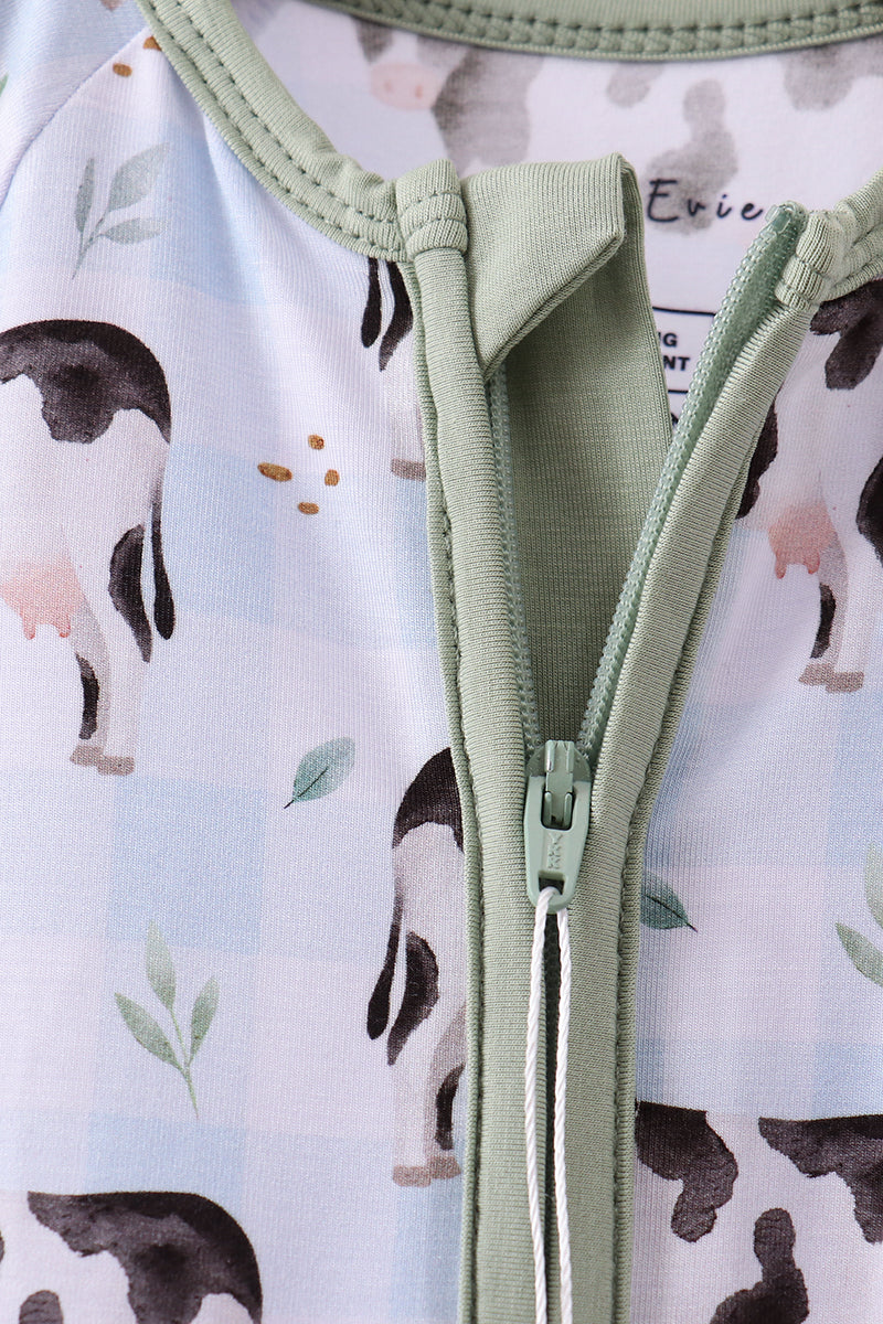Blue cow print bamboo gingham romper