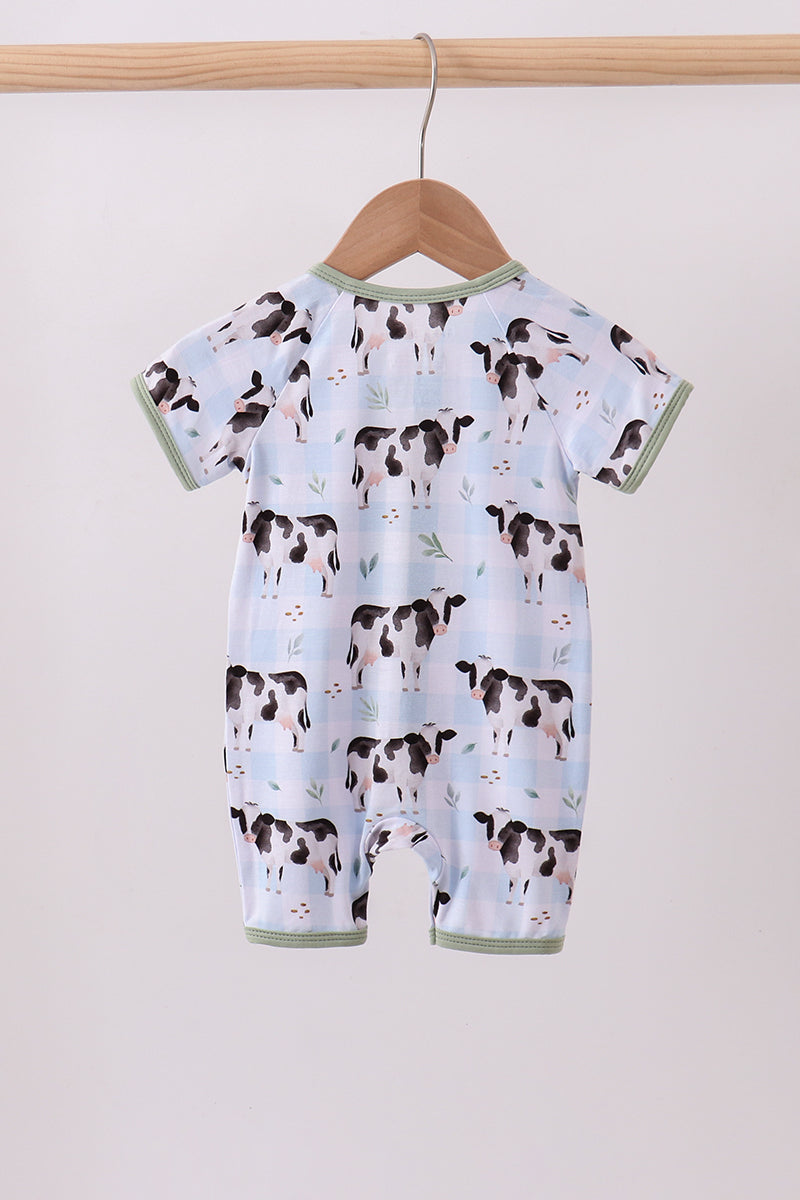 Blue cow print bamboo gingham romper