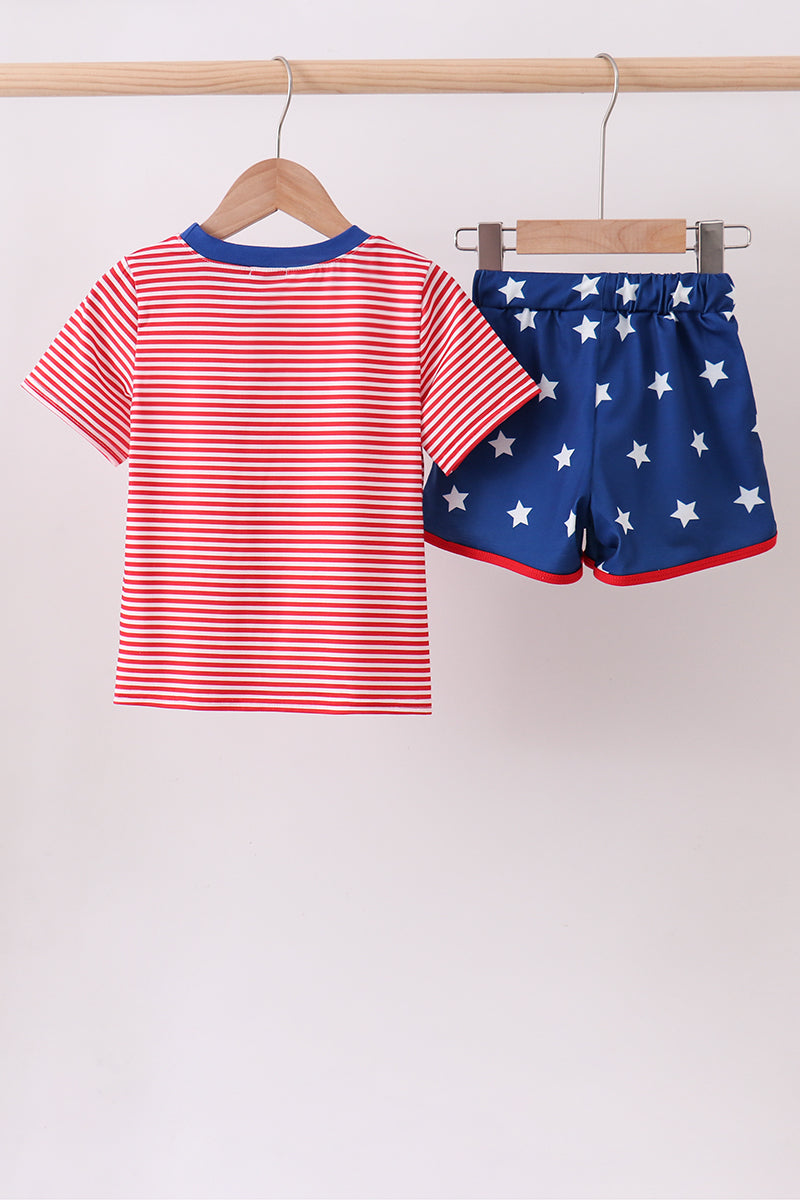 Red stripe star applique shorts set