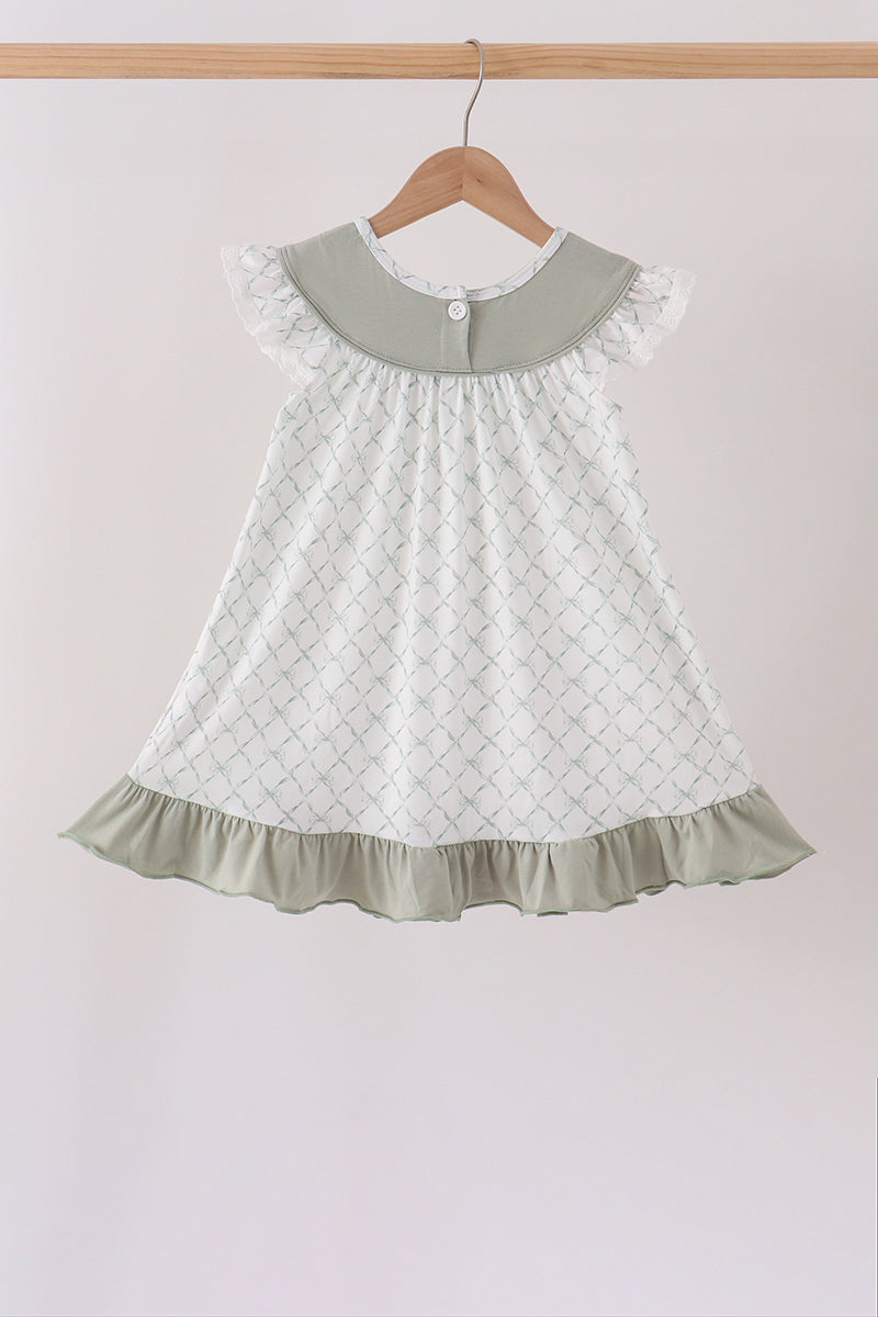 Sage pumpkin embroidery bow ruffle dress