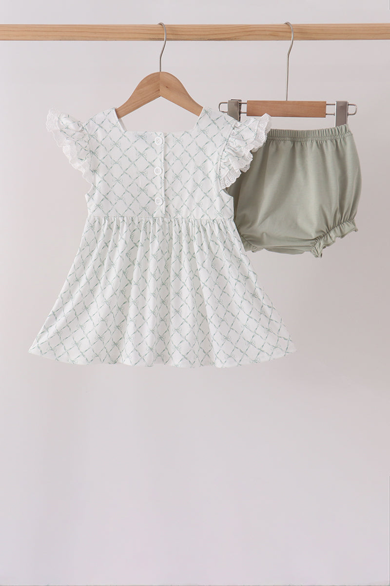 Sage pumpkin embroidery bow ruffle bloomer set