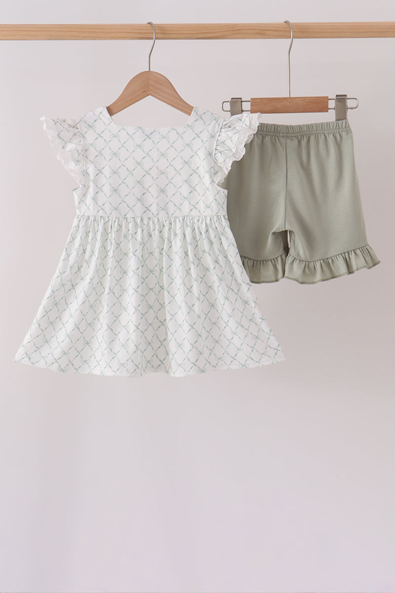 Sage pumpkin embroidery bow ruffle shorts set