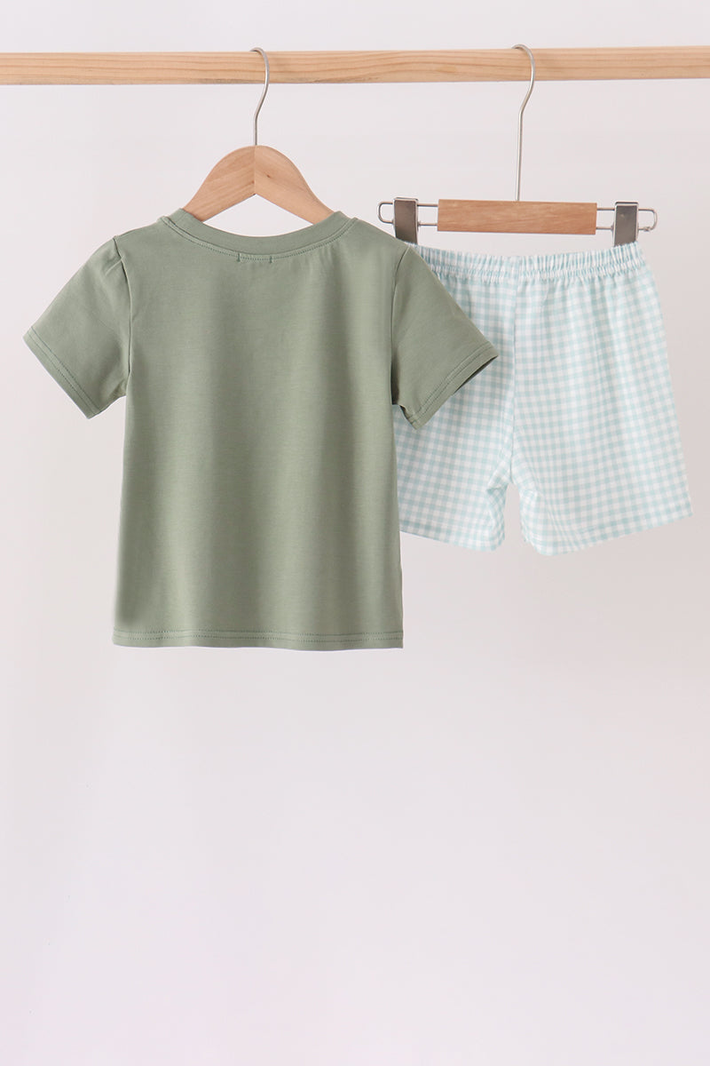 Sage pumpkin embroidery gingham shorts set