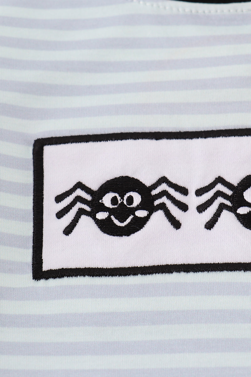 Blue Halloween spider embroidery stripe romper
