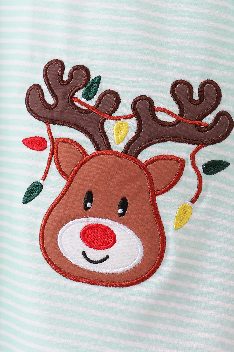 Blue reindeer applique stripe ruffle pants set
