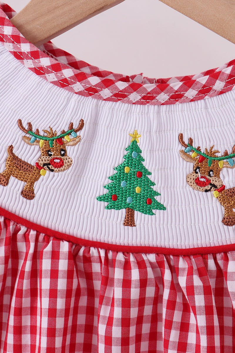 Red woven christmas tree reindeer smocked romper