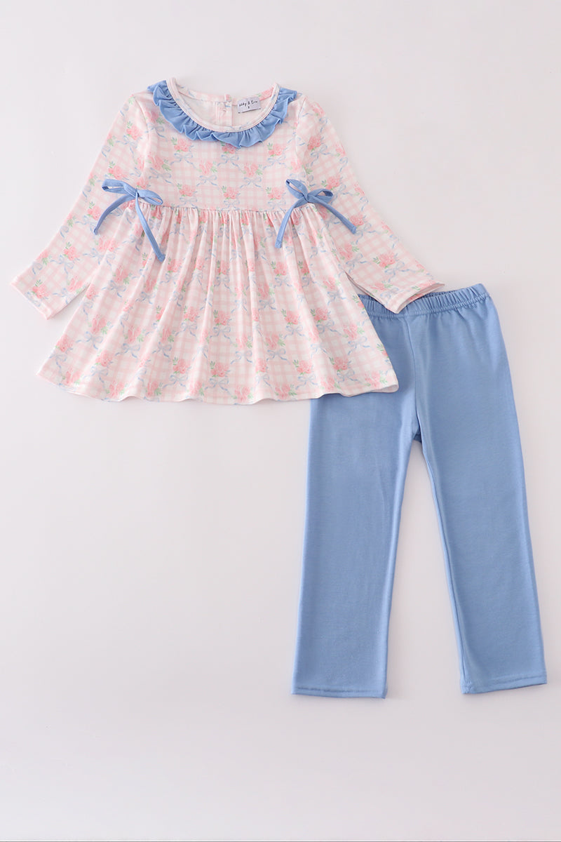 Pink floral print ruffle bow pants set