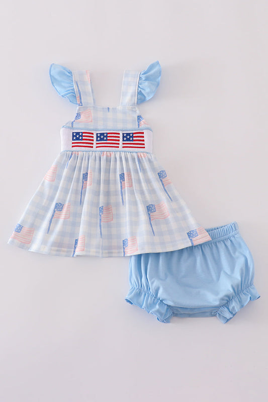 Blue flag embroidery smocked gingham bloomer set