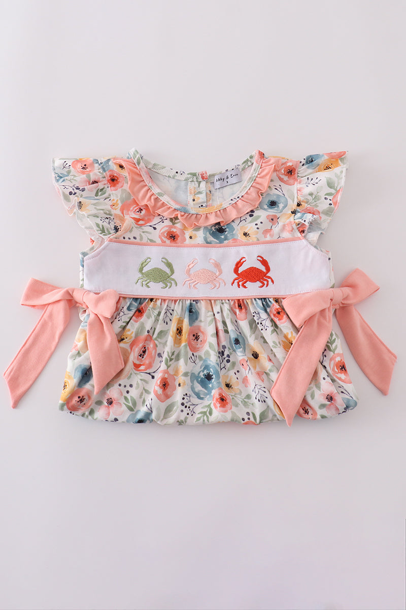 Floral crab embroidery bow ruffle dress