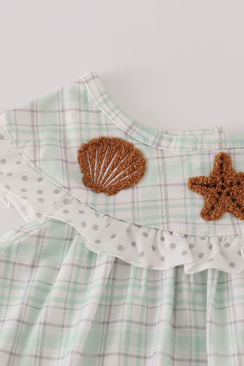 Green plaid sea shell french knot ruffle dress