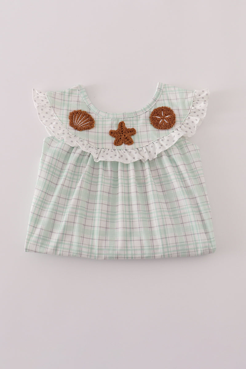 Green plaid sea shell french knot ruffle dress