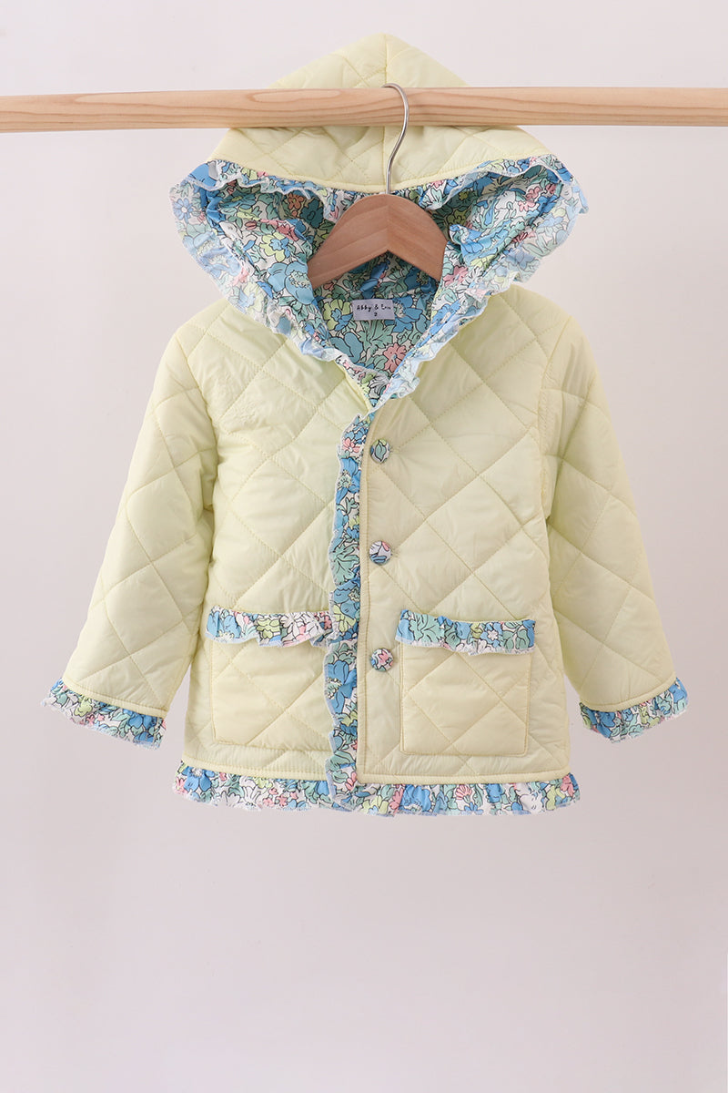 Yellow floral print ruffle quilted jacket