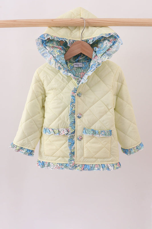 Yellow floral print ruffle quilted jacket