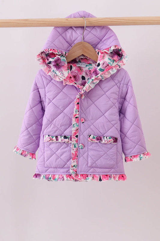 Purple floral print ruffle quilted jacket