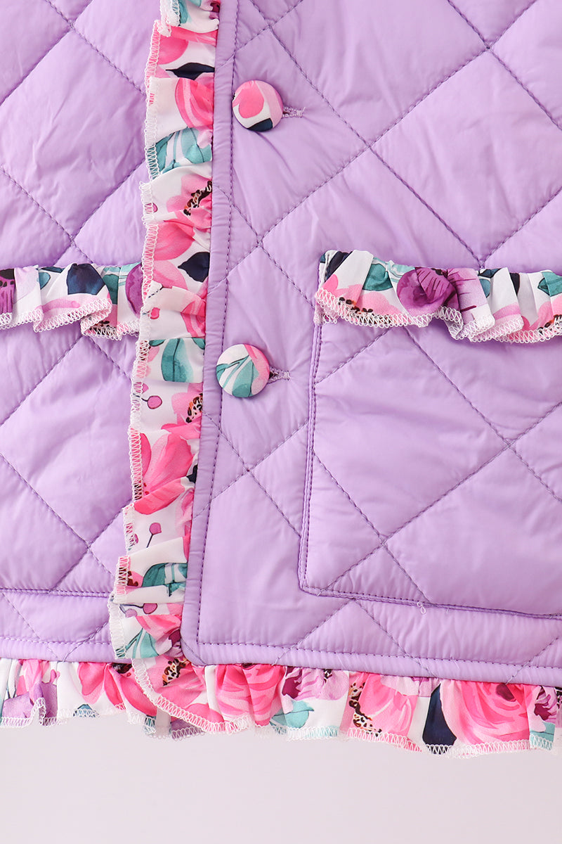 Purple floral print ruffle quilted jacket