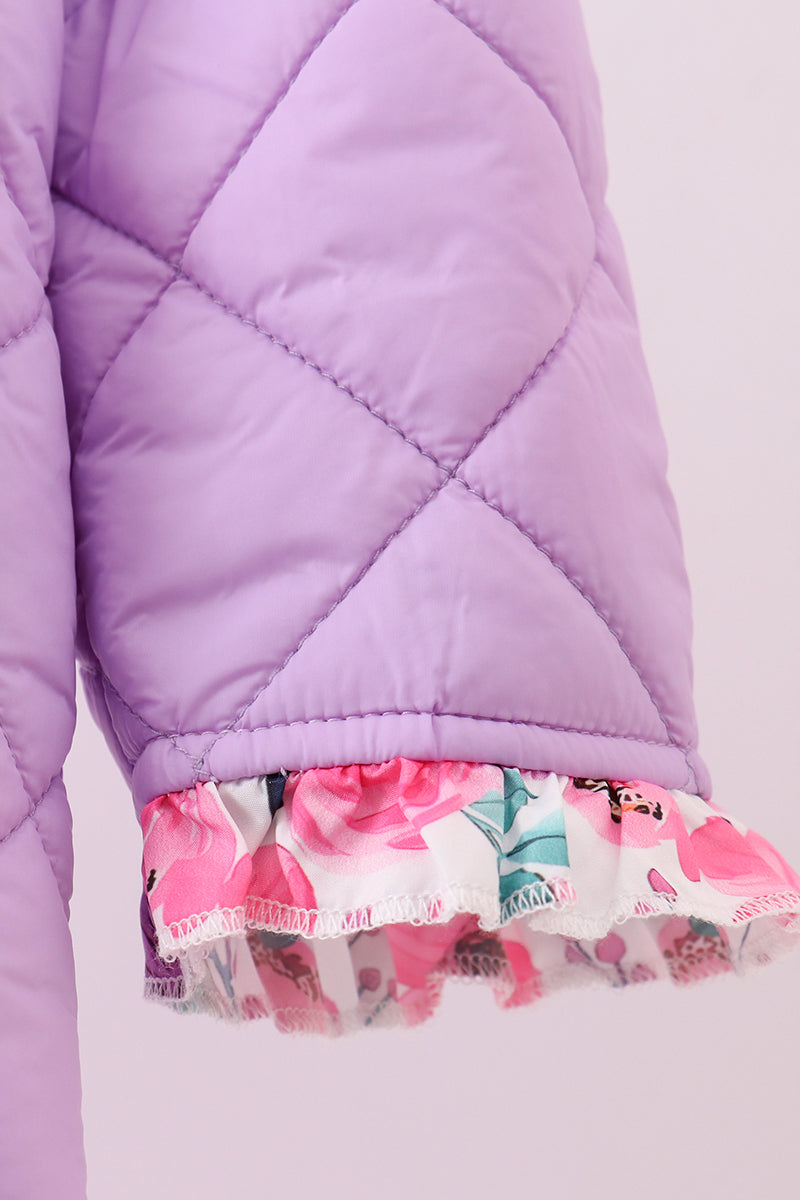 Purple floral print ruffle quilted jacket