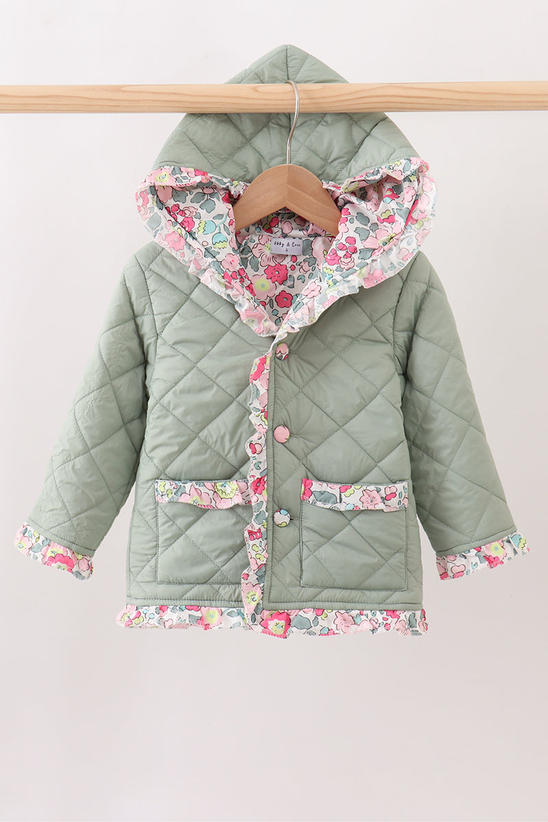 Sage floral print ruffle quilted jacket