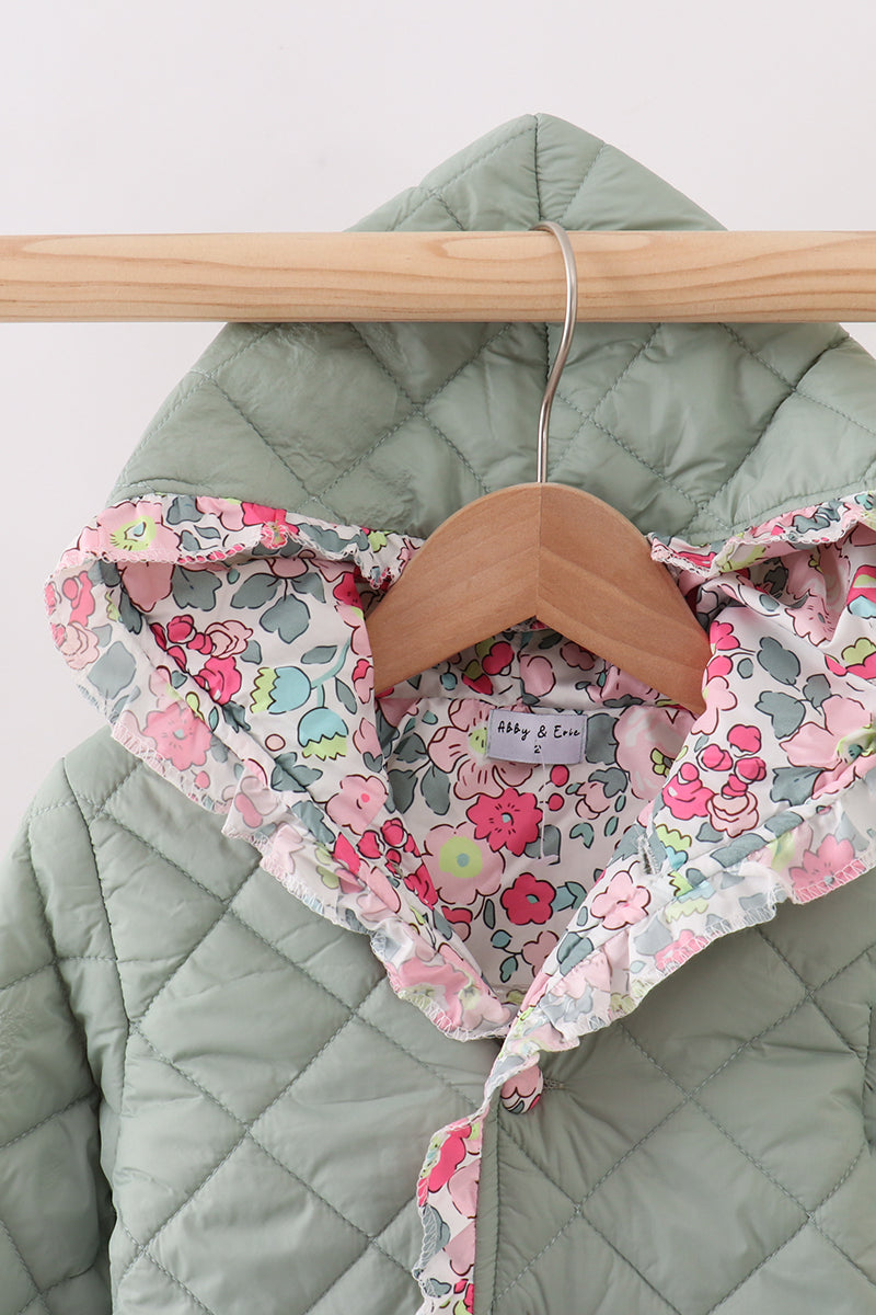 Sage floral print ruffle quilted jacket
