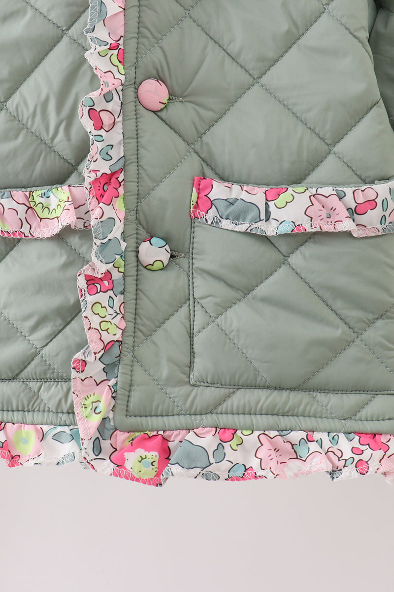 Sage floral print ruffle quilted jacket